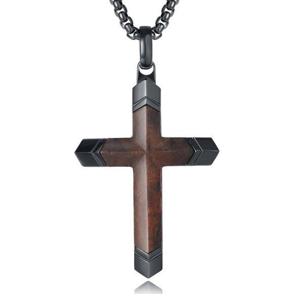 ✨Men Brown Wooden CrossReal Ebony Stainless Steel Christian Pendant Necklace